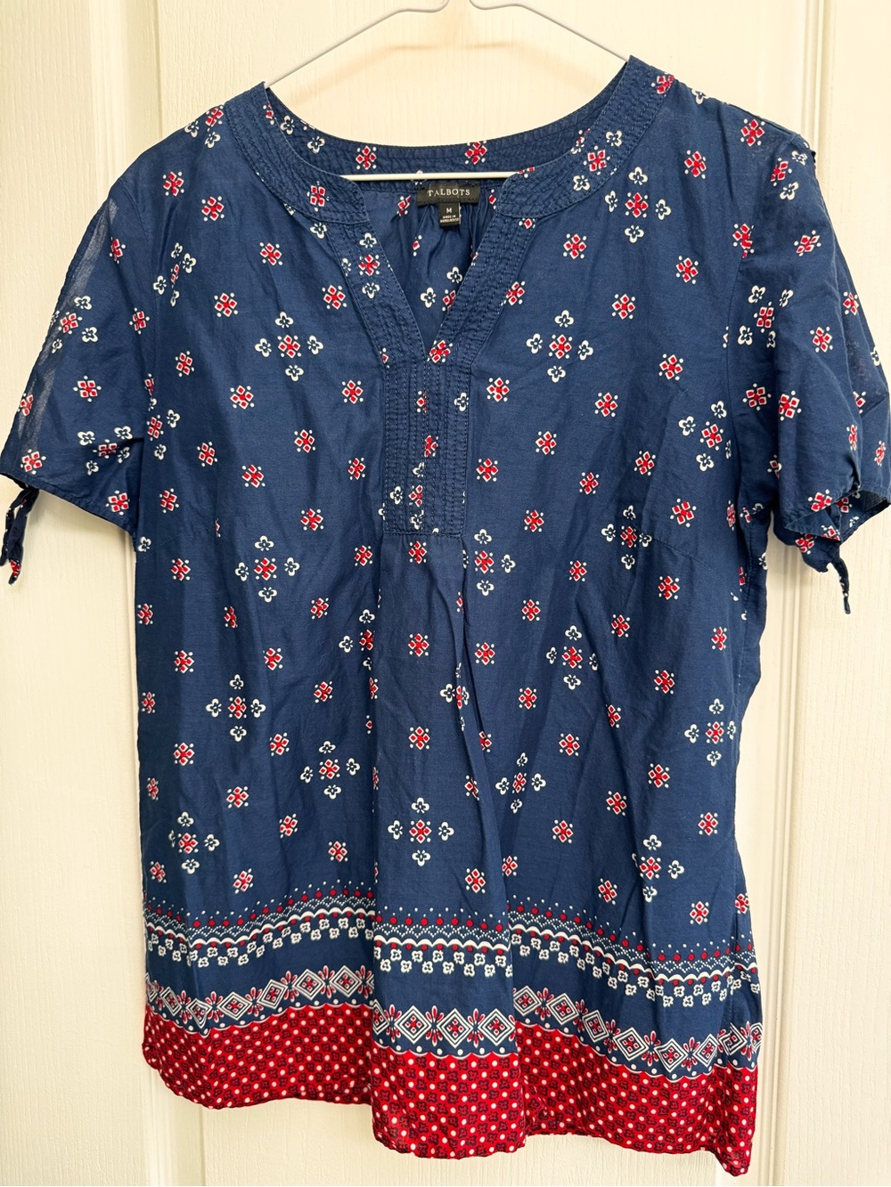 Talbots Navy Blue Short-Sleeve Tunic with Red and White Print EUC Size M